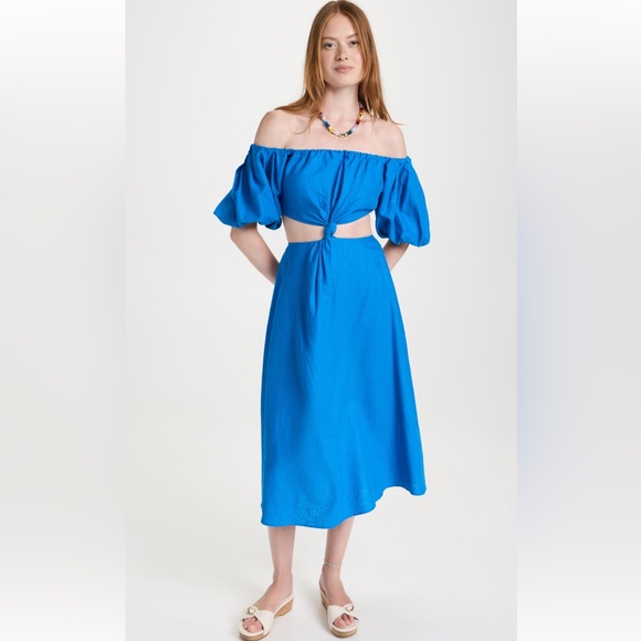 Farm Rio Linen Blend Midi Dress Blue Off-Shoulder Knot Cut-Out Women’s Small - Picture 2 of 16